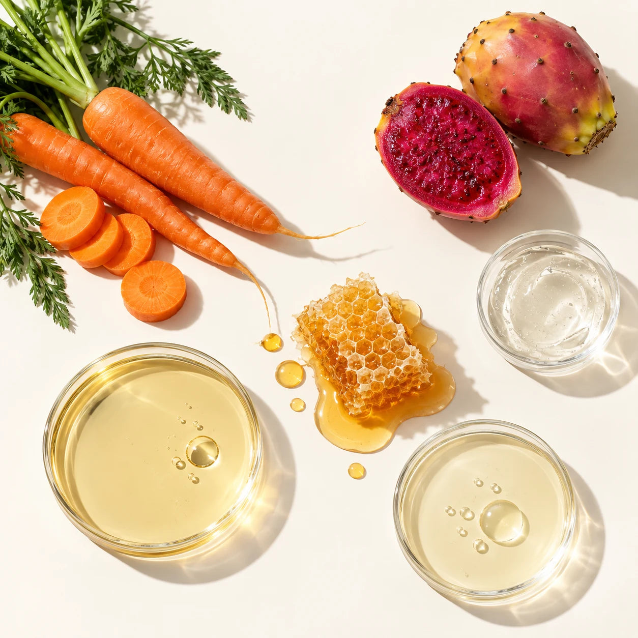 Carrot, prickly pear and honeycomb laid out on a cream surface