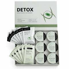Detox box open showing six pods with gel and serum sachets