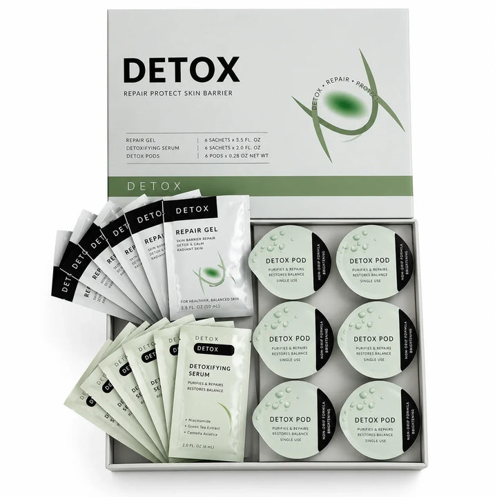 Detox box open showing six pods with gel and serum sachets