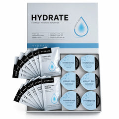 Hydrate box open showing six pods with gel and serum sachets