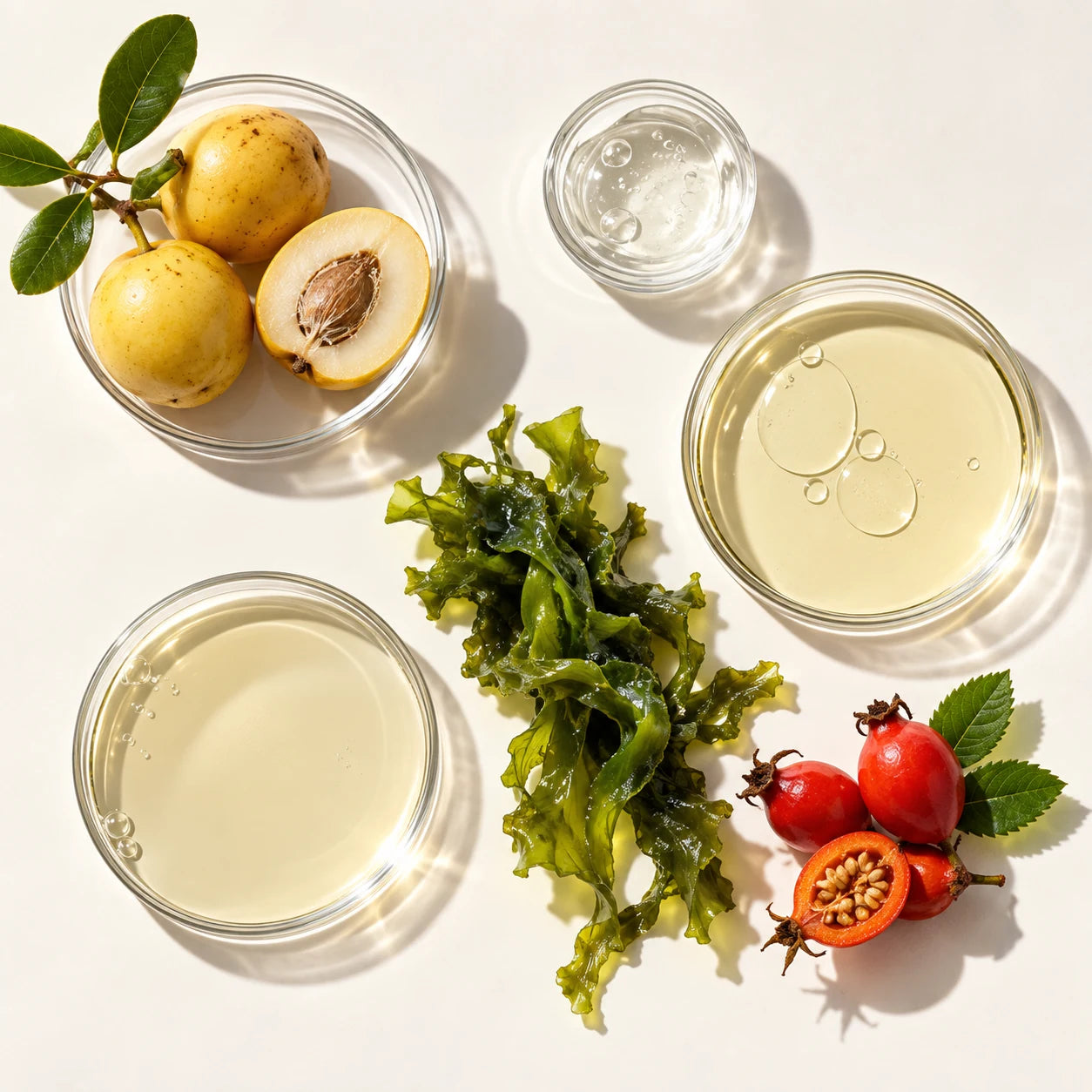 Fruit, seaweed and rosehip laid out on a cream surface
