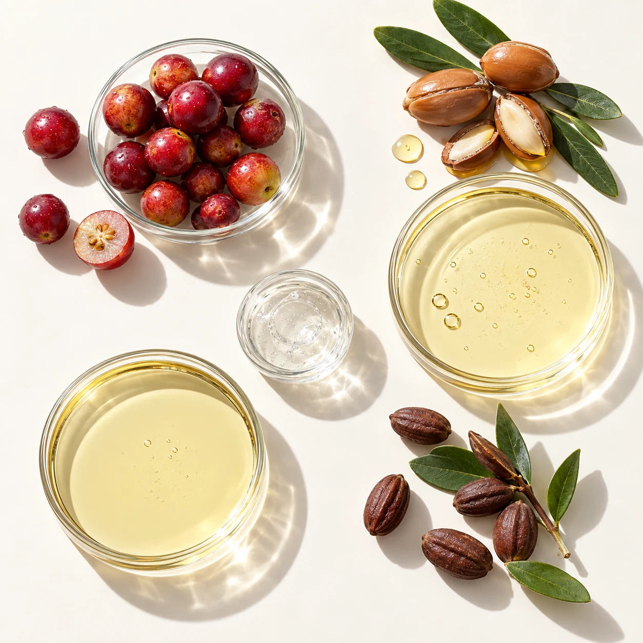 Cranberries, argan nuts and oils in small glass dishes