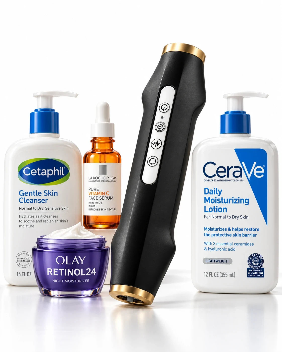 The Facial Pen standing among everyday skincare products: a cleanser, a serum, a moisturiser jar and a lotion