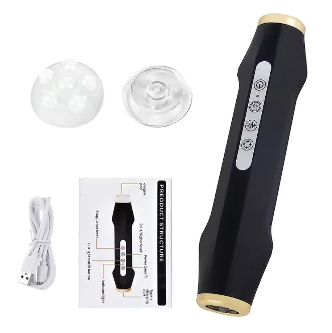The Facial Pen with two clear pod caps, a USB cable and an instruction card