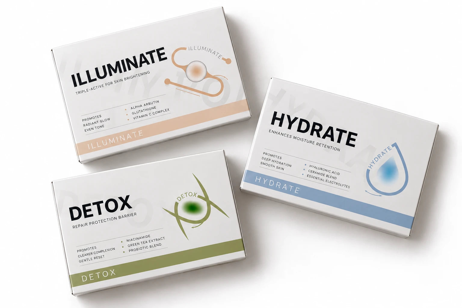 Three treatment boxes: Illuminate, Hydrate and Detox